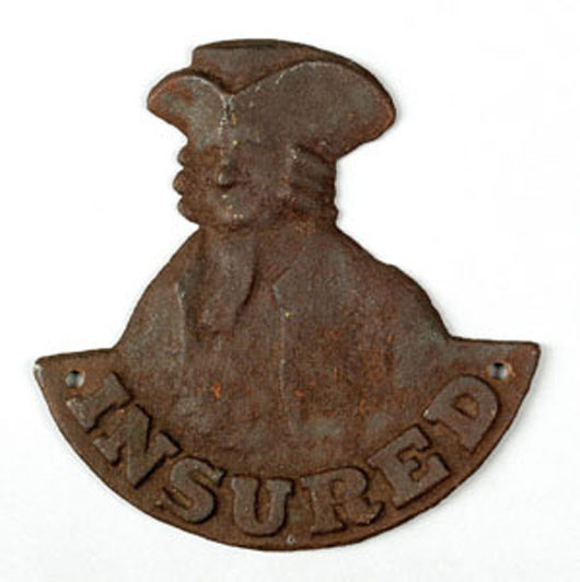 Cast-iron fire mark for ‘The Penn Fire Insurance Company, Pittsburgh, Pennsylvania, 1841-1845,’ featuring a bust of William Penn, 8 1/2 inches high by 8 1/2 inches wide. Image courtesy of Pook & Pook Inc.